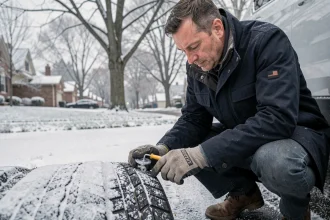 Homme vérifiant la profondeur des pneus de son SUV sous la neige en hiver