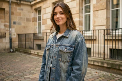 Femme portant une veste en denim brut non lavé dans une cour parisienne en pierre, illustrant le retour du jean brut dans la mode prêt-à-porter