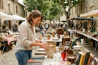 Femme parcourant les tables d'un vide grenier en plein air dans un village de l'Ain, examinant des objets vintage lors d'une brocante