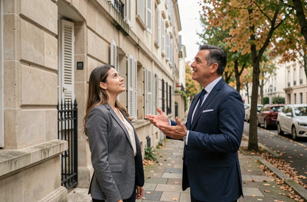 Jeune femme et agent immobilier visitant la façade d'un immeuble résidentiel en pierre dans une rue arborée