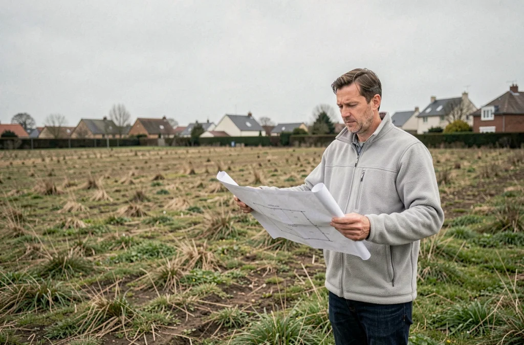 Homme sur un terrain constructible non viabilisé tenant un plan parcellaire avant acquisition