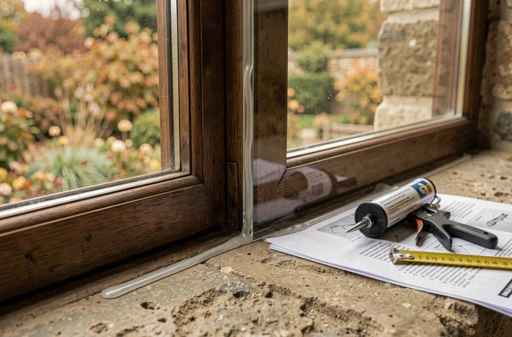 Gros plan sur l'installation d'un vitrage secondaire en acrylique avec un joint en silicone sur une fenêtre en bois dans une maison en pierre