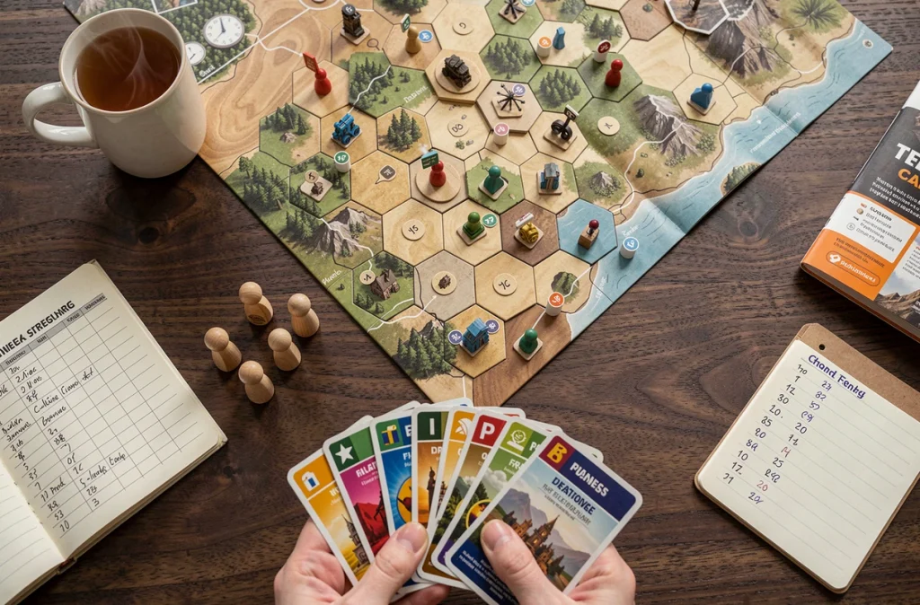 Vue aérienne rapprochée d'un jeu de stratégie moderne en cours avec cartes, pions en bois et une tasse de thé sur une table en noyer