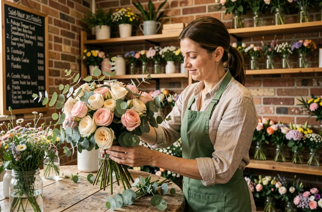Fleuriste arrangeant un bouquet de roses dans la boutique Calleis Fleurs à Saint-Maur-des-Fossés