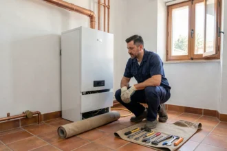 Technicien chauffagiste professionnel intervenant sur une chaudière dans une maison des Bouches-du-Rhône