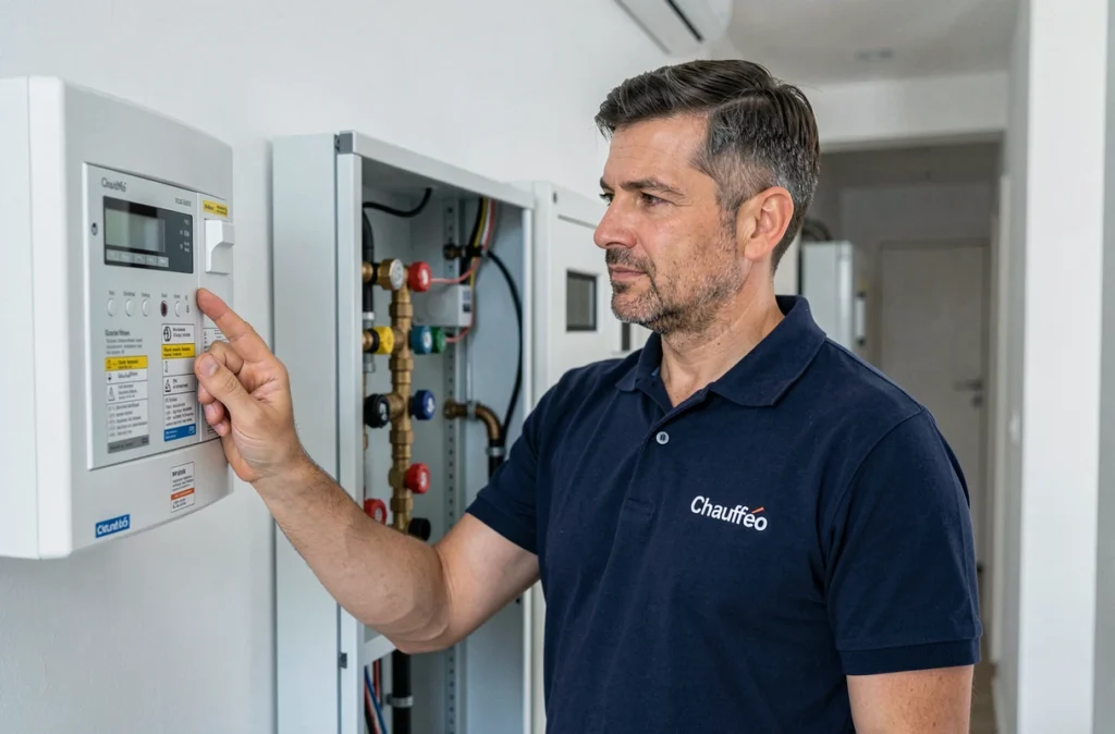 Technicien Chaufféo inspectant un système de chauffage multizone dans un appartement à Marseille