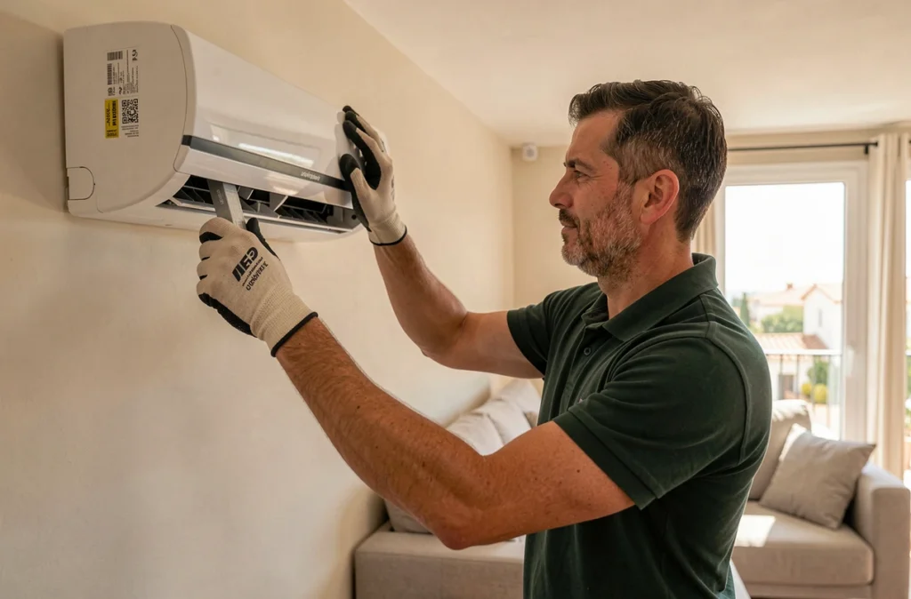 Technicien Climef Service installant un climatiseur mural dans un appartement moderne à Marseille