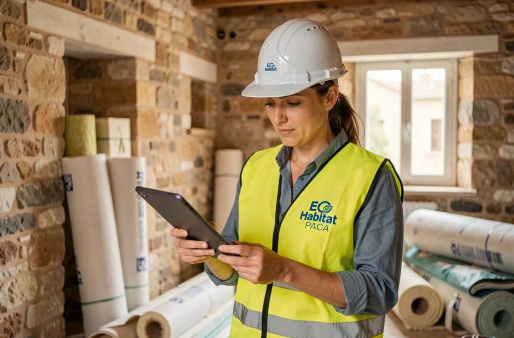 Consultante d'Eco Habitat PACA évaluant un projet de rénovation énergétique dans une maison marseillaise