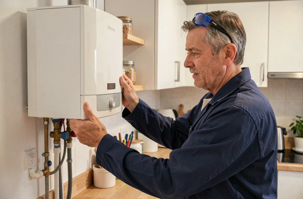 Chauffagiste de l'Entreprise Michel effectuant la maintenance d'une chaudière à gaz à condensation dans une maison à Marseille
