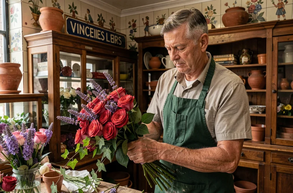 Artisan fleuriste Pascal Farges à Vincennes confectionnant un bouquet traditionnel de roses et lavande