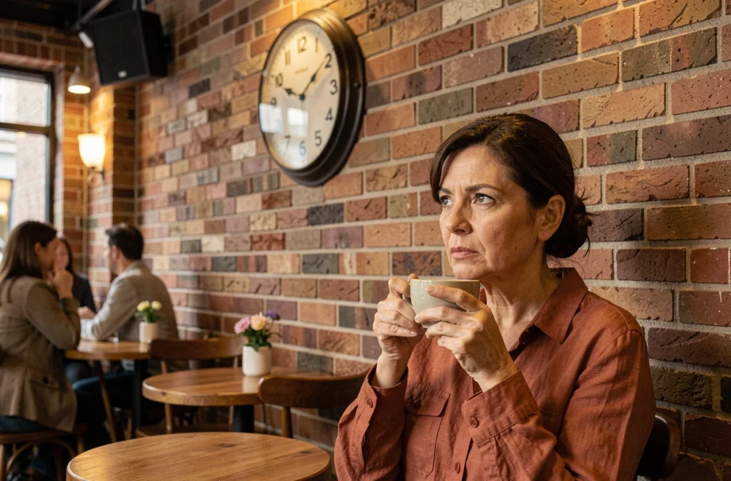 Femme dans un café observant une horloge murale indiquant 20h20, symbolisant la synchronicité de l'heure miroir