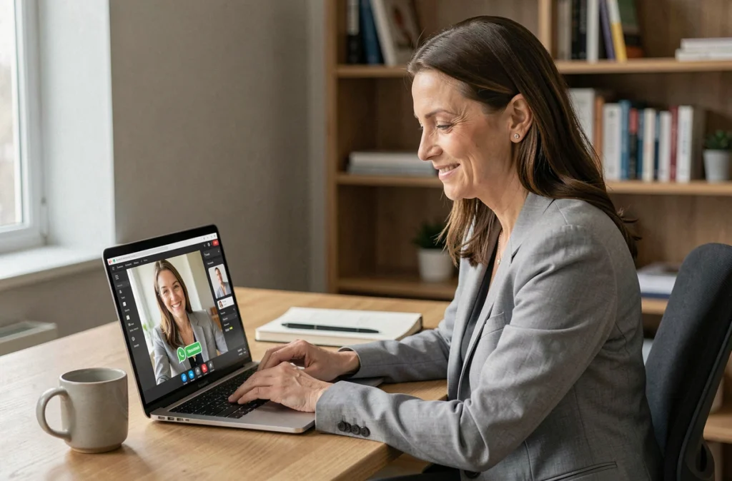 Femme éditant une photo de profil WhatsApp sur son ordinateur portable dans un bureau à domicile moderne