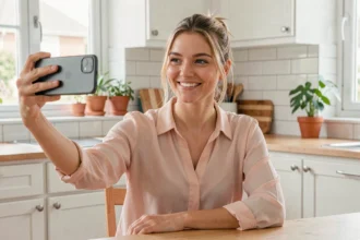 Jeune femme prenant un selfie avec son smartphone dans une cuisine moderne pour créer une photo de profil WhatsApp