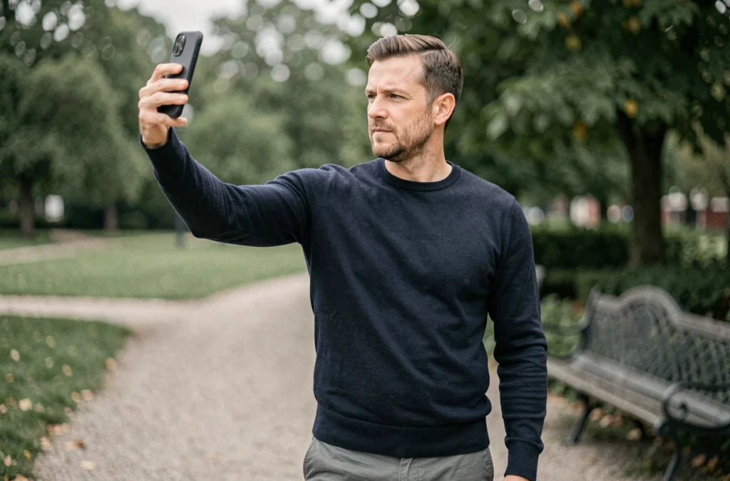 Homme dans un parc urbain prenant un selfie sur smartphone pour personnaliser sa photo de profil WhatsApp