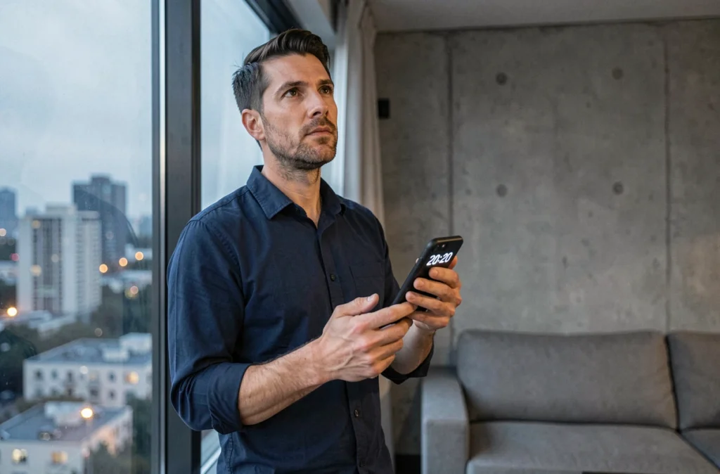 Homme tenant son téléphone affichant 20h20 près d'une fenêtre, méditant sur la signification de l'heure miroir