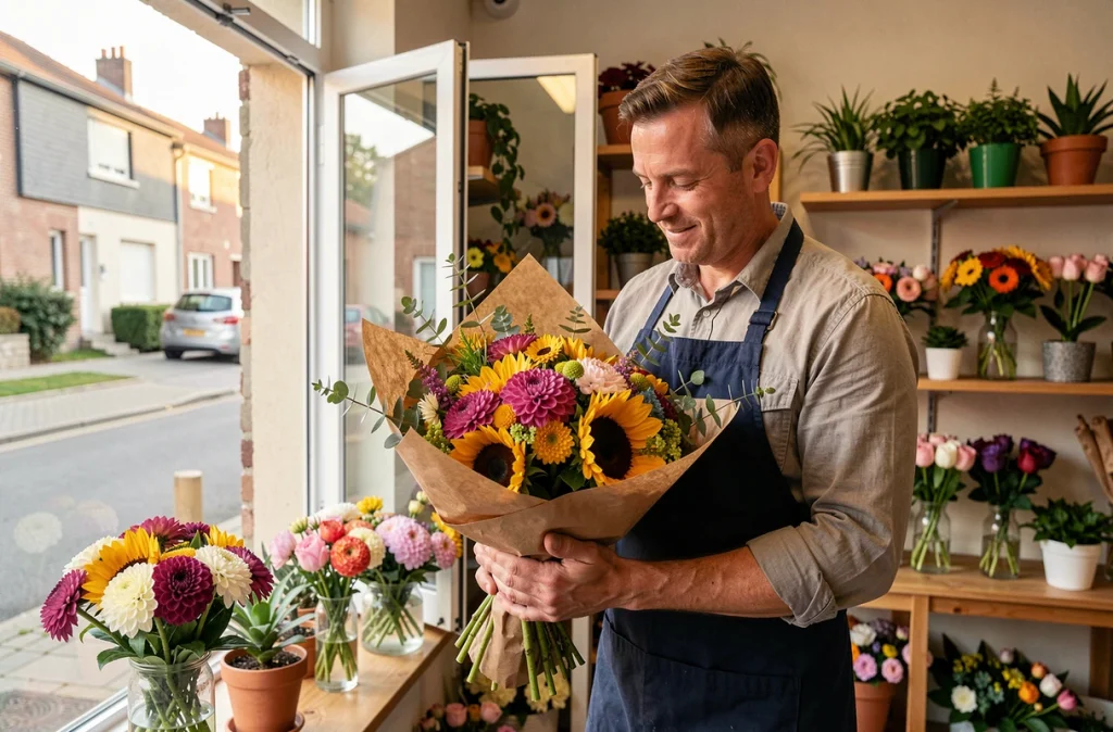 Fleuriste de Jany Flor à Alfortville emballant un bouquet de tournesols et de dahlias dans du papier kraft