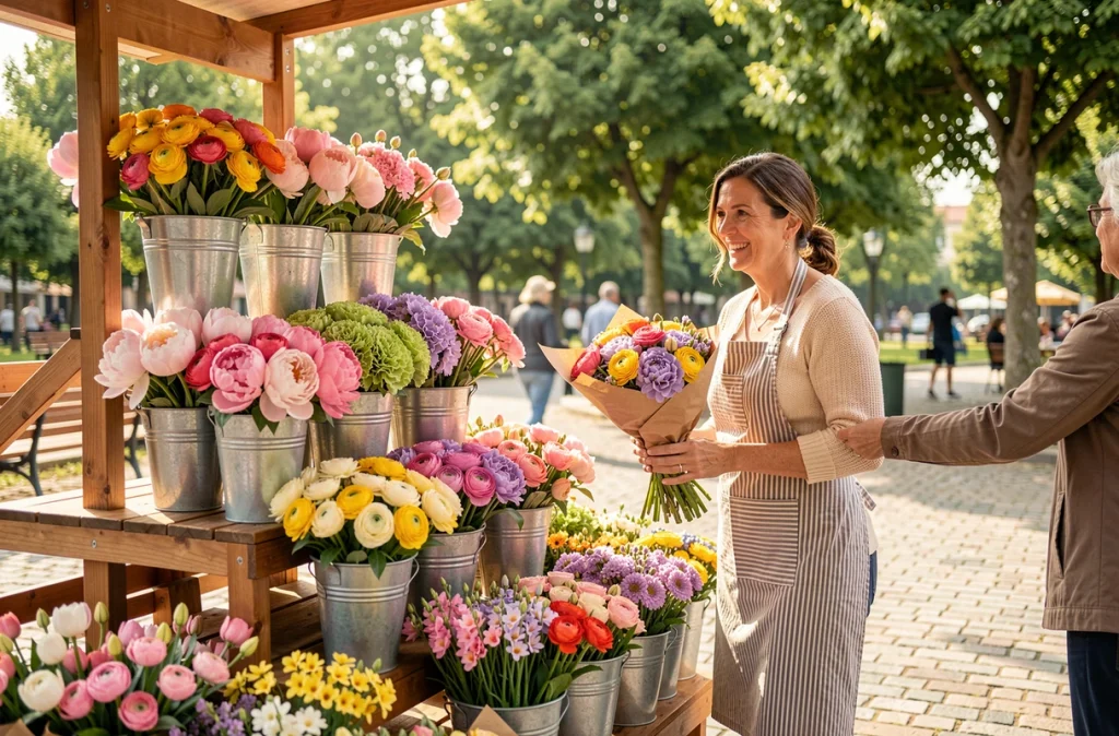 Kiosque à fleurs en plein air à Saint-Maur-des-Fossés avec une vendeuse remettant un bouquet de pivoines à une cliente
