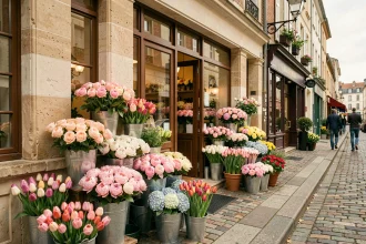 Devanture d'une boutique de fleuriste dans le Val-de-Marne avec des bouquets colorés exposés sur le trottoir