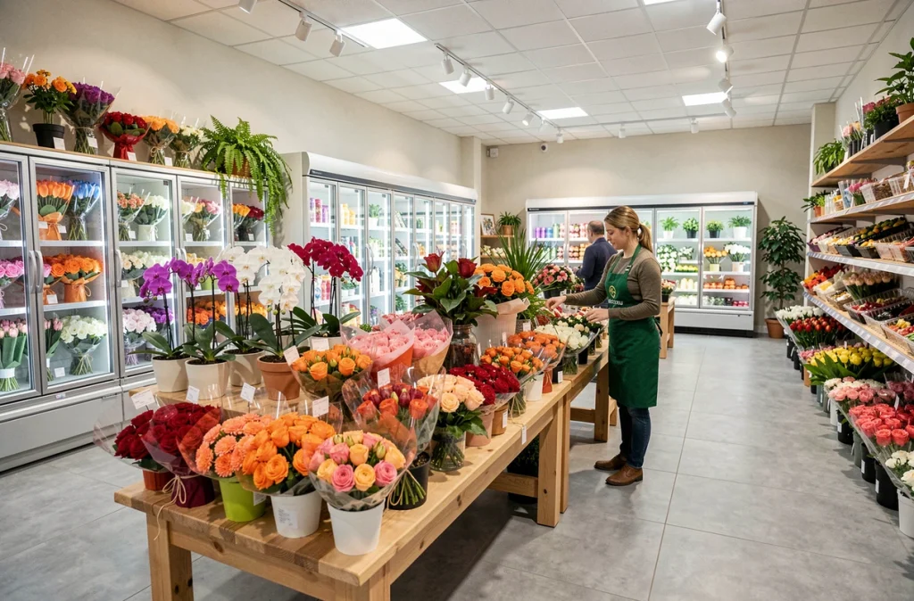 Intérieur de la boutique Monceau Fleurs à Créteil avec une employée aidant une cliente devant les présentoirs fleuris