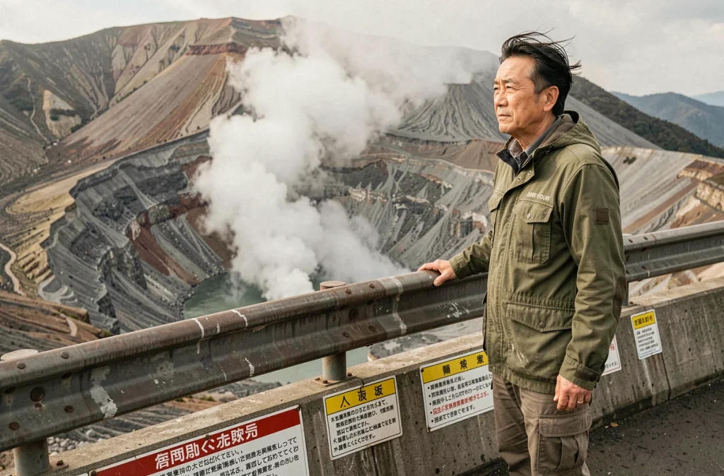 Homme japonais d'âge mûr observant un volcan actif depuis un belvédère touristique au Japon