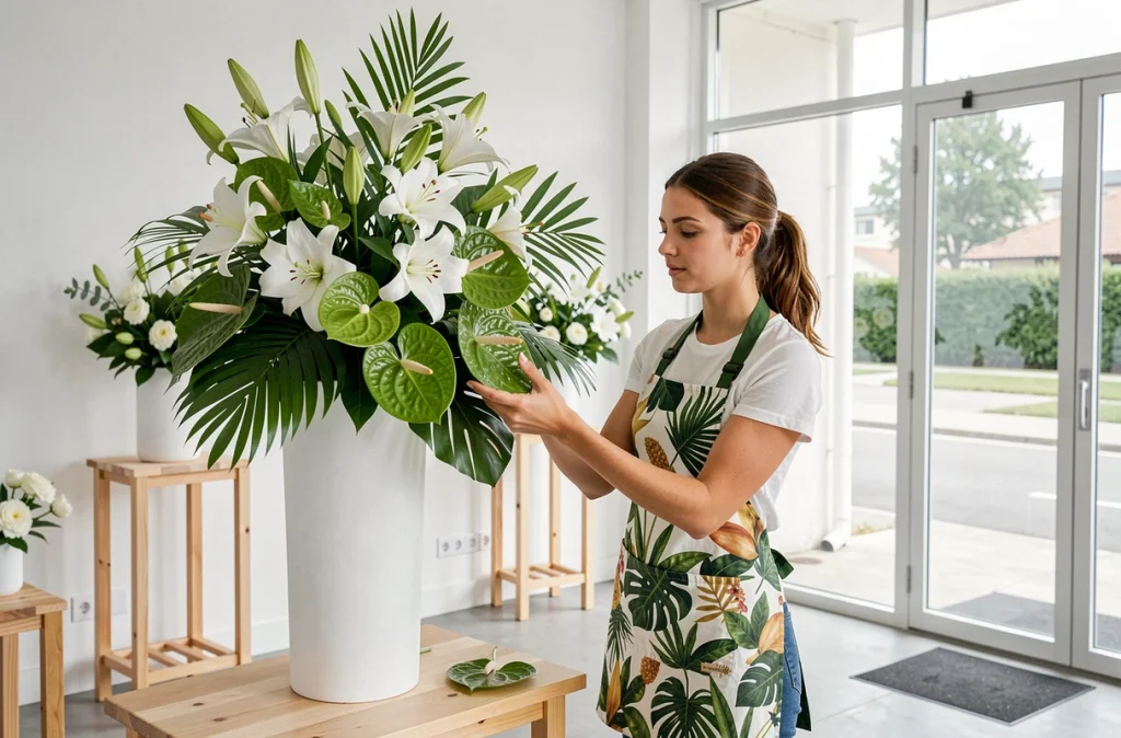 Jeune fleuriste de Podefleur à Alfortville composant un arrangement floral tropical avec des lys blancs