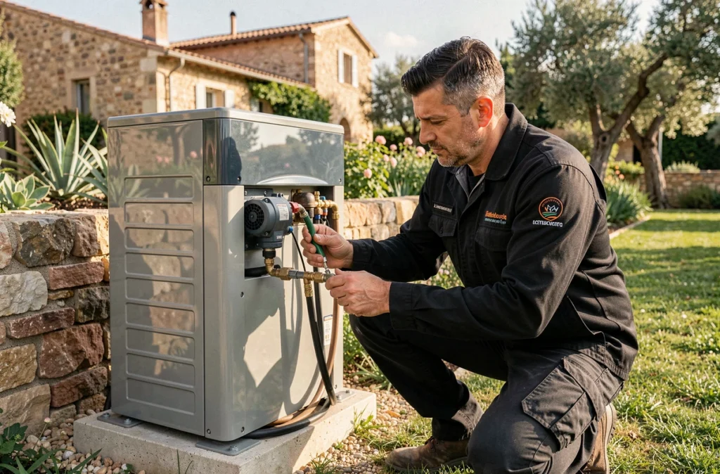 Spécialiste Polaris Solutions Thermiques installant une pompe à chaleur air-eau dans le jardin d'une villa provençale