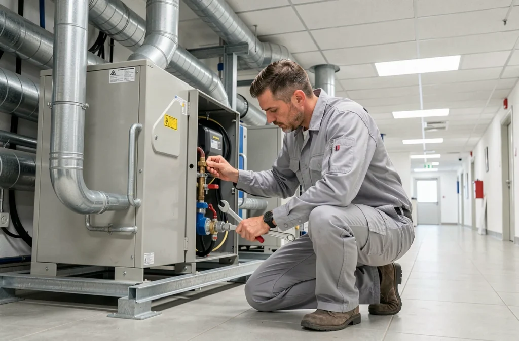 Technicien de PV 2C Plomberie Ventilation Chauffage Climatisation travaillant sur un système de ventilation dans un bâtiment commercial