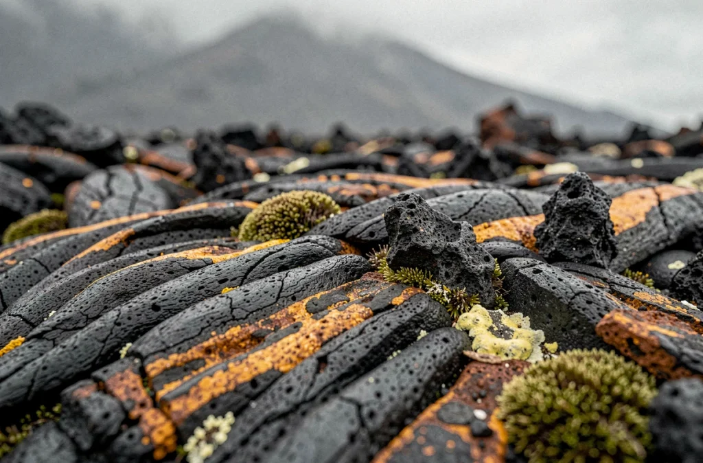 Gros plan sur la roche volcanique noire et les dépôts de soufre d'un volcan japonais aux textures géologiques détaillées