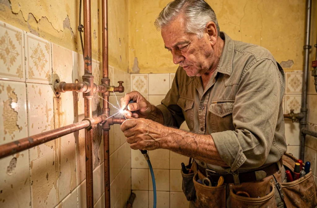 Artisan chauffagiste de la Sarl Taormina effectuant une soudure de tuyaux en cuivre dans un appartement ancien à Marseille