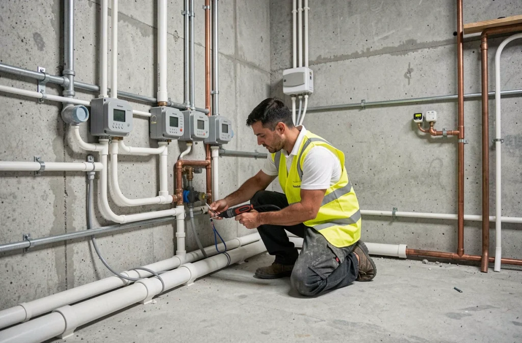 Technicien de la Société Générale d'Electricité et Plomberie travaillant sur un chantier de rénovation multi-corps à Marseille