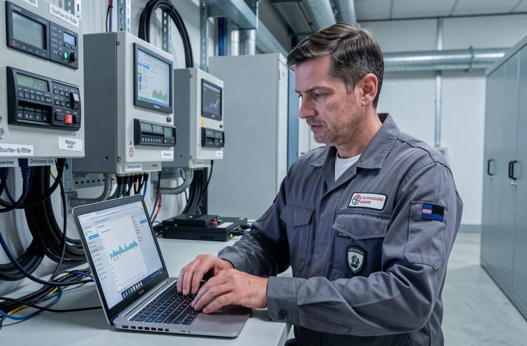 Technicien Somtech analysant des données de gestion thermique dans une salle technique des Bouches-du-Rhône