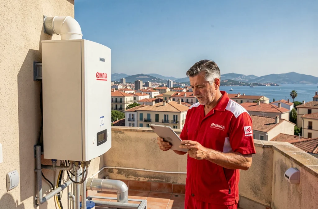 Chauffagiste VCDG consultant un diagnostic sur une toiture résidentielle avec vue sur les toits de Marseille