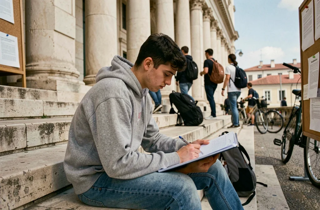 Étudiant lisant ses cours assis sur les marches d'un bâtiment universitaire à Marseille symbolisant l'afflux étudiant dans la ville