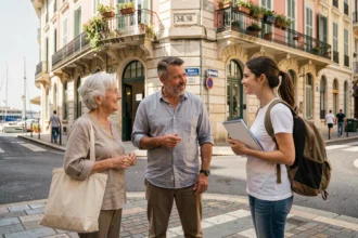 Groupe multigénérationnel dans une rue de Marseille près du Vieux-Port illustrant la diversité démographique de la ville